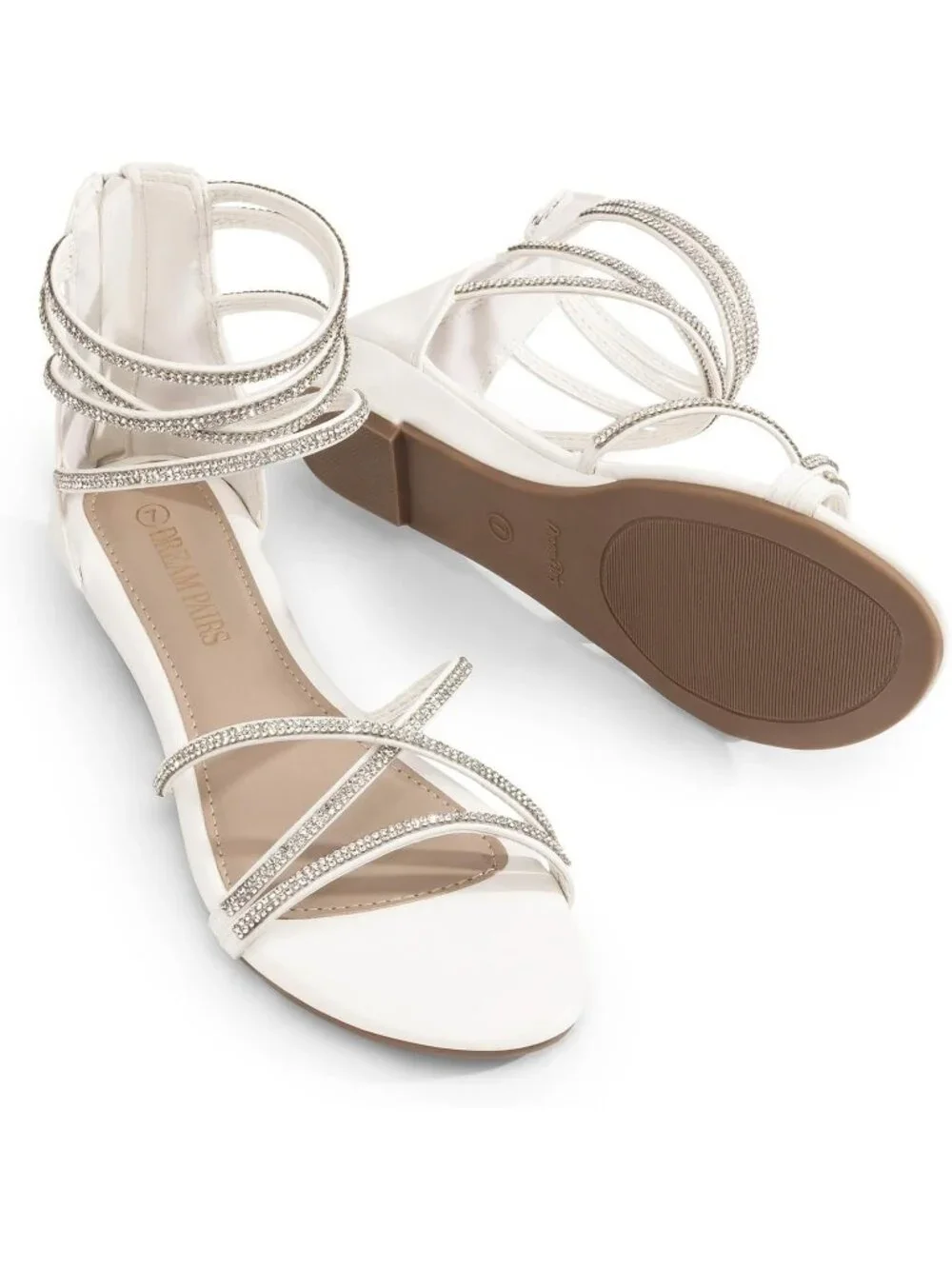Women's White Rhinestones Gladiator Flat Sandals Ankle Strap Comfortable Zip